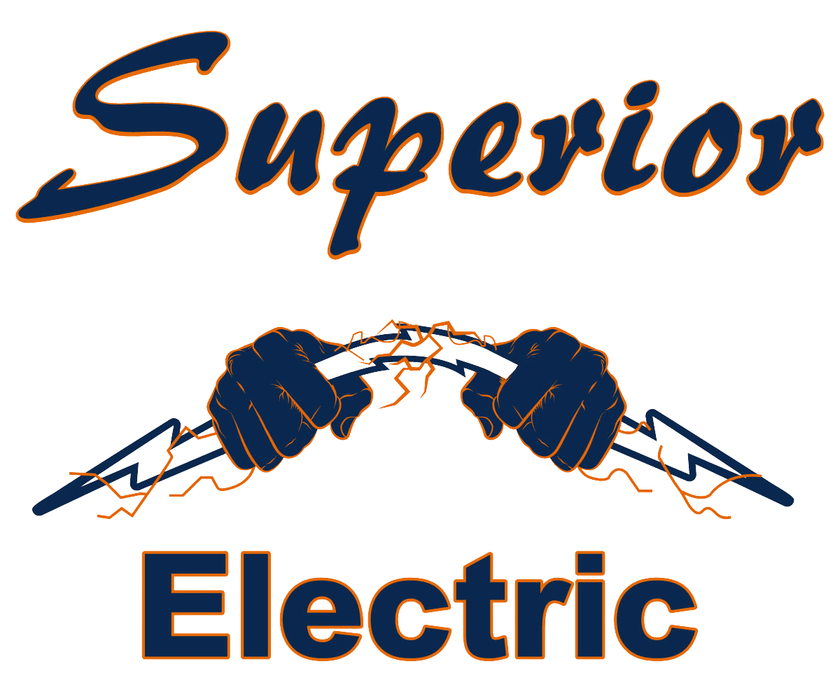 Logo of "superior electric" with stylized orange and blue text featuring electrical sparks and a power plug graphic in the center.